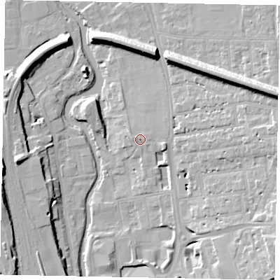 Shaded relief map of the ground around GU14RP, computed from Environment Agency LiDAR. The ground here sits at about 34 m above sea level and falls 16 m across the surrounding 800 m. Surface water reaching this point runs off ground lying to the east, 2.8 m higher.