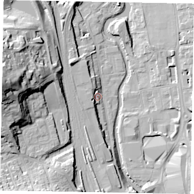 Shaded relief map of the ground around GU14RW, computed from Environment Agency LiDAR. The ground here sits at about 34 m above sea level and falls 41 m across the surrounding 800 m. Surface water reaching this point runs off ground lying to the west-south-west, 5.6 m higher.
