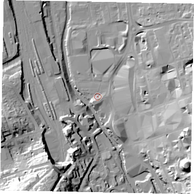 Shaded relief map of the ground around GU14RY, computed from Environment Agency LiDAR. The ground here sits at about 32 m above sea level and falls 43 m across the surrounding 800 m. Surface water reaching this point runs off ground lying to the south-west, 3.6 m higher.