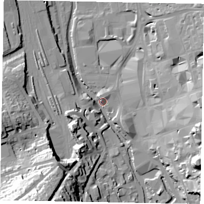 Shaded relief map of the ground around GU14SB, computed from Environment Agency LiDAR. The ground here sits at about 33 m above sea level and falls 51 m across the surrounding 800 m. Surface water reaching this point runs off ground lying to the east-south-east, 30.0 m higher.