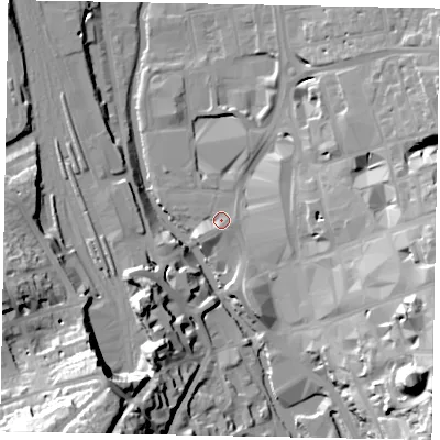 Shaded relief map of the ground around GU14SG, computed from Environment Agency LiDAR. The ground here sits at about 32 m above sea level and falls 41 m across the surrounding 800 m. Surface water reaching this point runs off ground lying to the south-west, 3.6 m higher.