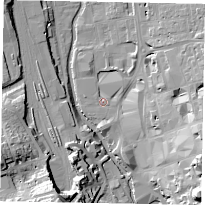 Shaded relief map of the ground around GU14SJ, computed from Environment Agency LiDAR. The ground here sits at about 32 m above sea level and falls 33 m across the surrounding 800 m. Surface water reaching this point runs off ground lying to the east-south-east, 18.5 m higher.
