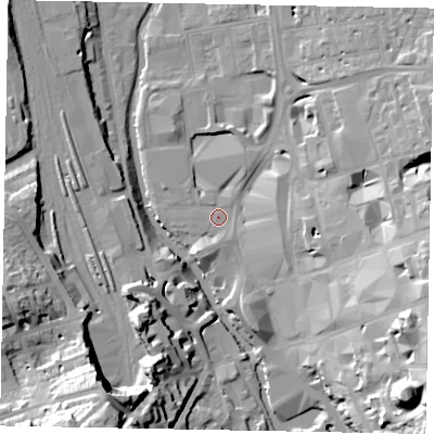 Shaded relief map of the ground around GU14SQ, computed from Environment Agency LiDAR. The ground here sits at about 32 m above sea level and falls 37 m across the surrounding 800 m. Surface water reaching this point runs off ground lying to the east-south-east, 18.5 m higher.