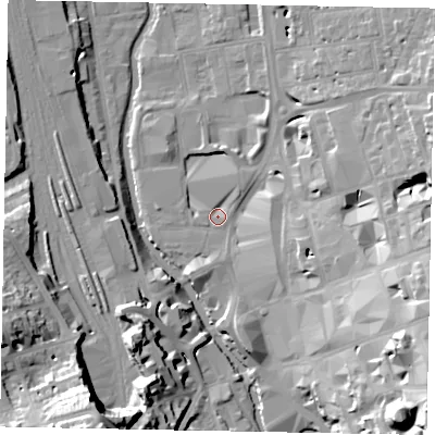 Shaded relief map of the ground around GU14SS, computed from Environment Agency LiDAR. The ground here sits at about 32 m above sea level and falls 33 m across the surrounding 800 m. Surface water reaching this point runs off ground lying to the east-south-east, 21.2 m higher.