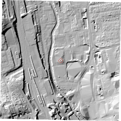 Shaded relief map of the ground around GU14ST, computed from Environment Agency LiDAR. The ground here sits at about 33 m above sea level and falls 30 m across the surrounding 800 m. Surface water reaching this point runs off ground lying to the north-north-east, 1.3 m higher.