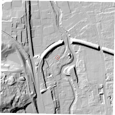 Shaded relief map of the ground around GU14SW, computed from Environment Agency LiDAR. The ground here sits at about 32 m above sea level and falls 41 m across the surrounding 800 m. Surface water reaching this point runs off ground lying to the west, 6.9 m higher.