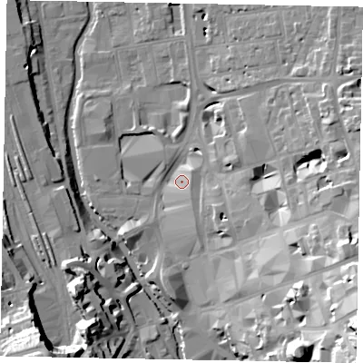 Shaded relief map of the ground around GU14SY, computed from Environment Agency LiDAR. The ground here sits at about 33 m above sea level and falls 40 m across the surrounding 800 m. Surface water reaching this point runs off ground lying to the east-south-east, 23.2 m higher.