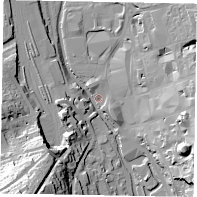 Shaded relief map of the ground around GU14SZ, computed from Environment Agency LiDAR. The ground here sits at about 31 m above sea level and falls 54 m across the surrounding 800 m. Surface water reaching this point runs off ground lying to the east-south-east, 30.0 m higher.