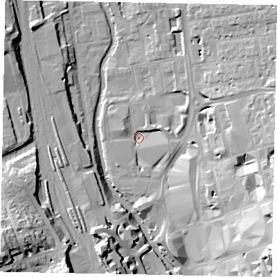Shaded relief map of the ground around GU14TL, computed from Environment Agency LiDAR. The ground here sits at about 30 m above sea level and falls 28 m across the surrounding 800 m. Surface water reaching this point runs off ground lying to the west-north-west, 3.3 m higher.