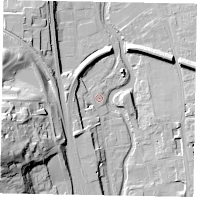 Shaded relief map of the ground around GU14TT, computed from Environment Agency LiDAR. The ground here sits at about 32 m above sea level and falls 42 m across the surrounding 800 m. Surface water reaching this point runs off ground lying to the south-west, 1.2 m higher.