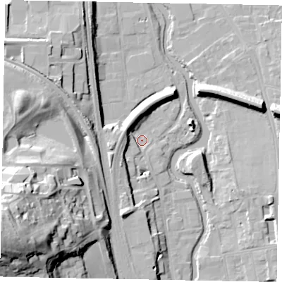Shaded relief map of the ground around GU14TX, computed from Environment Agency LiDAR. The ground here sits at about 31 m above sea level and falls 45 m across the surrounding 800 m. Surface water reaching this point runs off ground lying to the west-south-west, 6.9 m higher.