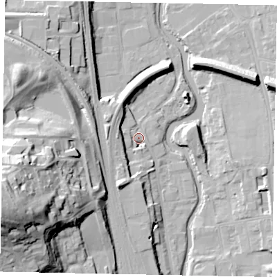 Shaded relief map of the ground around GU14TY, computed from Environment Agency LiDAR. The ground here sits at about 33 m above sea level and falls 45 m across the surrounding 800 m. Surface water reaching this point runs off ground lying to the south-west, 22.9 m higher.