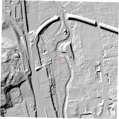 Shaded relief map of the ground around GU14TZ, computed from Environment Agency LiDAR. The ground here sits at about 31 m above sea level and falls 36 m across the surrounding 800 m. Surface water reaching this point runs off ground lying to the south-south-west, 0.6 m higher.