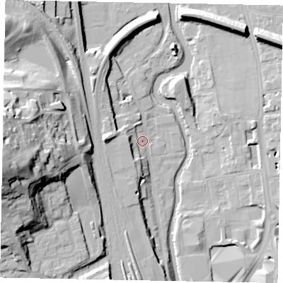 Shaded relief map of the ground around GU14UB, computed from Environment Agency LiDAR. The ground here sits at about 32 m above sea level and falls 41 m across the surrounding 800 m. Surface water reaching this point runs off ground lying to the west-south-west, 6.9 m higher.
