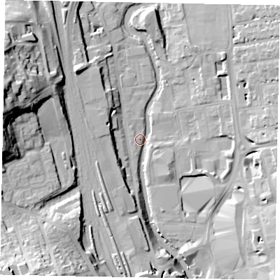 Shaded relief map of the ground around GU14UF, computed from Environment Agency LiDAR. The ground here sits at about 31 m above sea level and falls 32 m across the surrounding 800 m. Surface water reaching this point runs off ground lying to the south, 12.5 m higher.