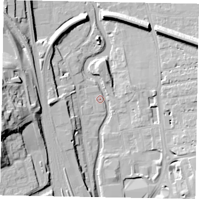 Shaded relief map of the ground around GU14UG, computed from Environment Agency LiDAR. The ground here sits at about 31 m above sea level and falls 29 m across the surrounding 800 m. Surface water reaching this point runs off ground lying to the west, 26.5 m higher.
