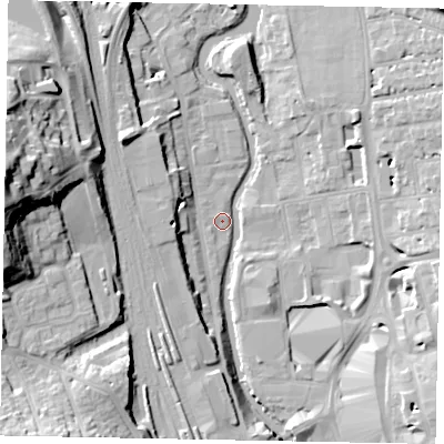 Shaded relief map of the ground around GU14UH, computed from Environment Agency LiDAR. The ground here sits at about 31 m above sea level and falls 32 m across the surrounding 800 m. Surface water reaching this point runs off ground lying to the south-east, 10.0 m higher.
