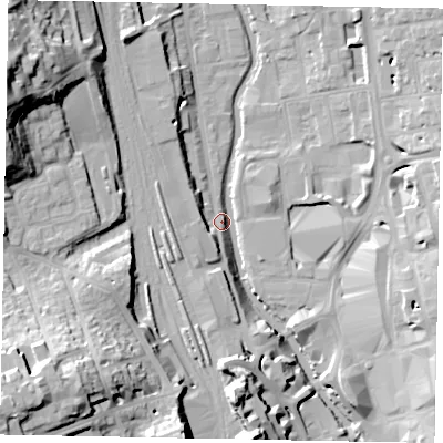 Shaded relief map of the ground around GU14UL, computed from Environment Agency LiDAR. The ground here sits at about 32 m above sea level and falls 32 m across the surrounding 800 m. Surface water reaching this point runs off ground lying to the north-west, 32.1 m higher.