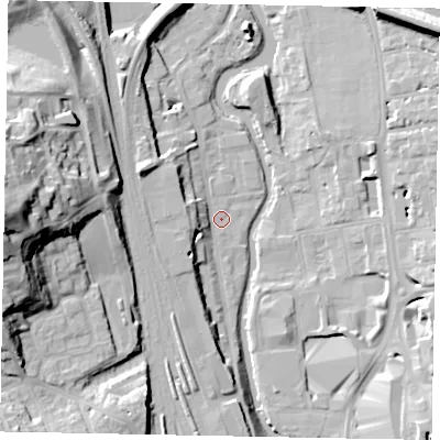 Shaded relief map of the ground around GU14UQ, computed from Environment Agency LiDAR. The ground here sits at about 31 m above sea level and falls 38 m across the surrounding 800 m. Surface water reaching this point runs off ground lying to the west, 25.3 m higher.