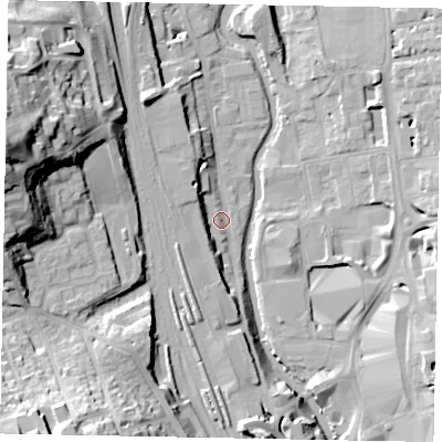 Shaded relief map of the ground around GU14UU, computed from Environment Agency LiDAR. The ground here sits at about 32 m above sea level and falls 38 m across the surrounding 800 m. Surface water reaching this point runs off ground lying to the north-west, 6.3 m higher.