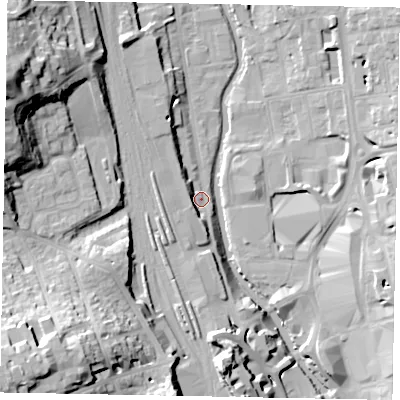 Shaded relief map of the ground around GU14UW, computed from Environment Agency LiDAR. The ground here sits at about 33 m above sea level and falls 36 m across the surrounding 800 m. Surface water reaching this point runs off ground lying to the west, 7.0 m higher.