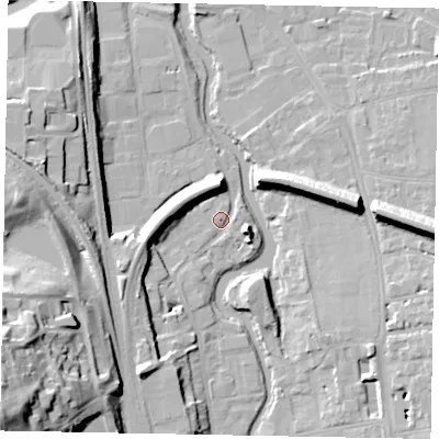 Shaded relief map of the ground around GU14UX, computed from Environment Agency LiDAR. The ground here sits at about 32 m above sea level and falls 38 m across the surrounding 800 m. Surface water reaching this point runs off ground lying to the east-south-east, 5.9 m higher.