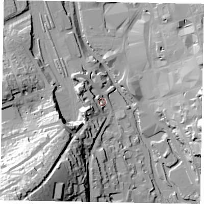 Shaded relief map of the ground around GU14XB, computed from Environment Agency LiDAR. The ground here sits at about 34 m above sea level and falls 71 m across the surrounding 800 m. Surface water reaching this point runs off ground lying to the west-north-west, 16.0 m higher.
