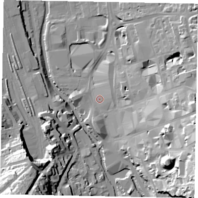 Shaded relief map of the ground around GU14YL, computed from Environment Agency LiDAR. The ground here sits at about 33 m above sea level and falls 46 m across the surrounding 800 m. Surface water reaching this point runs off ground lying to the east, 3.6 m higher.