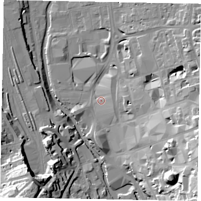 Shaded relief map of the ground around GU14YN, computed from Environment Agency LiDAR. The ground here sits at about 33 m above sea level and falls 39 m across the surrounding 800 m. Surface water reaching this point runs off ground lying to the east, 4.1 m higher.