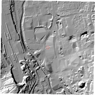 Shaded relief map of the ground around GU14YR, computed from Environment Agency LiDAR. The ground here sits at about 33 m above sea level and falls 39 m across the surrounding 800 m. Surface water reaching this point runs off ground lying to the east, 4.1 m higher.