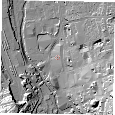 Shaded relief map of the ground around GU14YT, computed from Environment Agency LiDAR. The ground here sits at about 35 m above sea level and falls 42 m across the surrounding 800 m. Surface water reaching this point runs off ground lying to the east, 2.8 m higher.