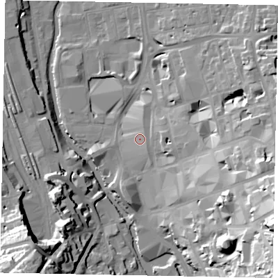 Shaded relief map of the ground around GU14YW, computed from Environment Agency LiDAR. The ground here sits at about 35 m above sea level and falls 42 m across the surrounding 800 m. Surface water reaching this point runs off ground lying to the north-east, 1.9 m higher.