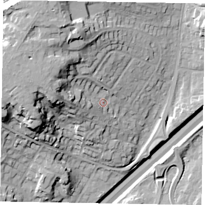 Shaded relief map of the ground around GU152BW, computed from Environment Agency LiDAR. The ground here sits at about 97 m above sea level and falls 36 m across the surrounding 800 m. Surface water reaching this point runs off ground lying to the west-north-west, 19.5 m higher.