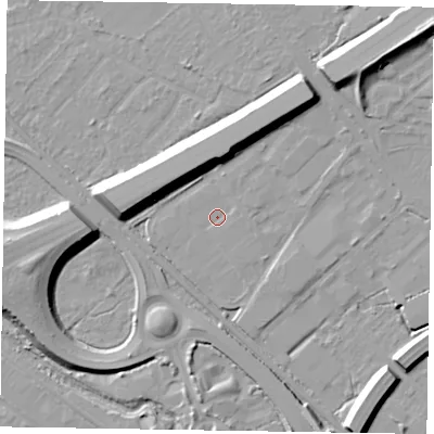 Shaded relief map of the ground around GU152PL, computed from Environment Agency LiDAR. The ground here sits at about 61 m above sea level and falls 14 m across the surrounding 800 m. Surface water reaching this point runs off ground lying to the north-east, 10.6 m higher.