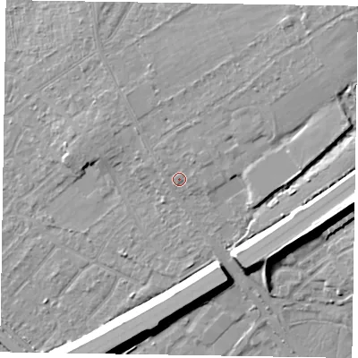 Shaded relief map of the ground around GU152QD, computed from Environment Agency LiDAR. The ground here sits at about 65 m above sea level and falls 15 m across the surrounding 800 m. Surface water reaching this point runs off ground lying to the north-east, 7.9 m higher.