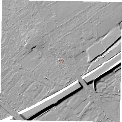 Shaded relief map of the ground around GU152QH, computed from Environment Agency LiDAR. The ground here sits at about 64 m above sea level and falls 14 m across the surrounding 800 m. Surface water reaching this point runs off ground lying to the north, 1.9 m higher.