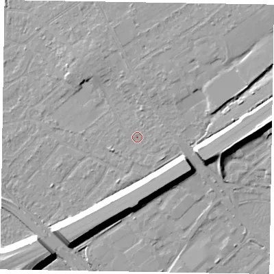 Shaded relief map of the ground around GU152RH, computed from Environment Agency LiDAR. The ground here sits at about 63 m above sea level and falls 14 m across the surrounding 800 m. Surface water reaching this point runs off ground lying to the east, 1.5 m higher.
