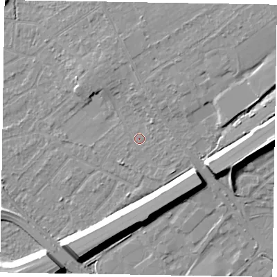 Shaded relief map of the ground around GU152RJ, computed from Environment Agency LiDAR. The ground here sits at about 63 m above sea level and falls 14 m across the surrounding 800 m. Surface water reaching this point runs off ground lying to the east, 1.6 m higher.