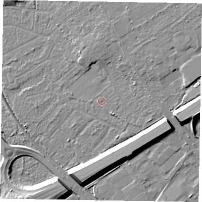 Shaded relief map of the ground around GU152RL, computed from Environment Agency LiDAR. The ground here sits at about 62 m above sea level and falls 12 m across the surrounding 800 m. Surface water reaching this point runs off ground lying to the south-east, 1.3 m higher.
