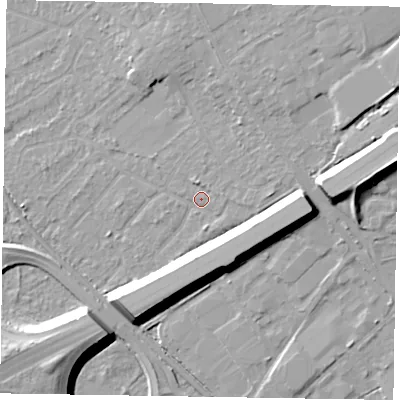Shaded relief map of the ground around GU152RR, computed from Environment Agency LiDAR. The ground here sits at about 63 m above sea level and falls 13 m across the surrounding 800 m. Surface water reaching this point runs off ground lying to the east, 1.9 m higher.