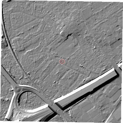 Shaded relief map of the ground around GU152RS, computed from Environment Agency LiDAR. The ground here sits at about 62 m above sea level and falls 14 m across the surrounding 800 m. Surface water reaching this point runs off ground lying to the east-north-east, 1.1 m higher.