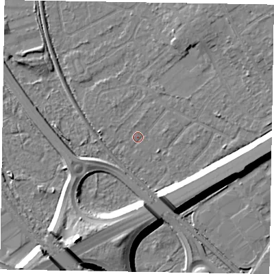 Shaded relief map of the ground around GU152RT, computed from Environment Agency LiDAR. The ground here sits at about 61 m above sea level and falls 14 m across the surrounding 800 m. Surface water reaching this point runs off ground lying to the east, 9.7 m higher.