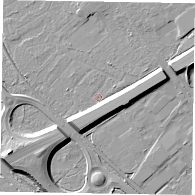 Shaded relief map of the ground around GU152RW, computed from Environment Agency LiDAR. The ground here sits at about 62 m above sea level and falls 14 m across the surrounding 800 m. Surface water reaching this point runs off ground lying to the east-north-east, 9.3 m higher.