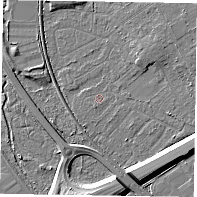 Shaded relief map of the ground around GU152RX, computed from Environment Agency LiDAR. The ground here sits at about 61 m above sea level and falls 12 m across the surrounding 800 m. Surface water reaching this point runs off ground lying to the north-east, 5.9 m higher.