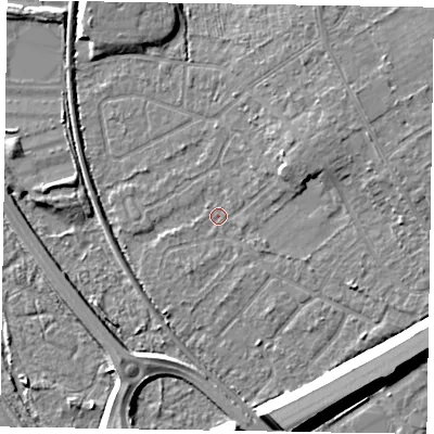 Shaded relief map of the ground around GU152RZ, computed from Environment Agency LiDAR. The ground here sits at about 61 m above sea level and falls 11 m across the surrounding 800 m. Surface water reaching this point runs off ground lying to the north-east, 3.4 m higher.