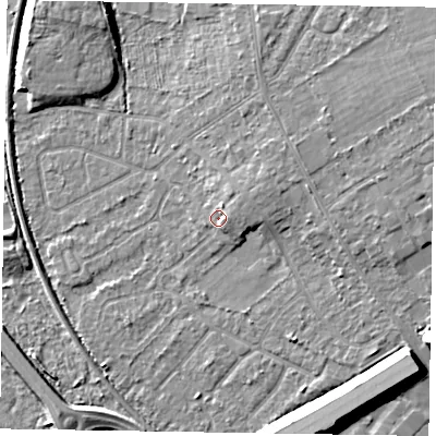 Shaded relief map of the ground around GU152SA, computed from Environment Agency LiDAR. The ground here sits at about 63 m above sea level and falls 12 m across the surrounding 800 m. Surface water reaching this point runs off ground lying to the east-north-east, 2.1 m higher.