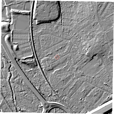 Shaded relief map of the ground around GU152SE, computed from Environment Agency LiDAR. The ground here sits at about 61 m above sea level and falls 12 m across the surrounding 800 m. Surface water reaching this point runs off ground lying to the east, 2.1 m higher.