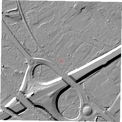 Shaded relief map of the ground around GU152SJ, computed from Environment Agency LiDAR. The ground here sits at about 61 m above sea level and falls 14 m across the surrounding 800 m. Surface water reaching this point runs off ground lying to the east-south-east, 9.8 m higher.