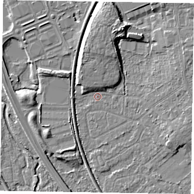 Shaded relief map of the ground around GU152TA, computed from Environment Agency LiDAR. The ground here sits at about 60 m above sea level and falls 10 m across the surrounding 800 m. Surface water reaching this point runs off ground lying to the north-north-east, 9.2 m higher.