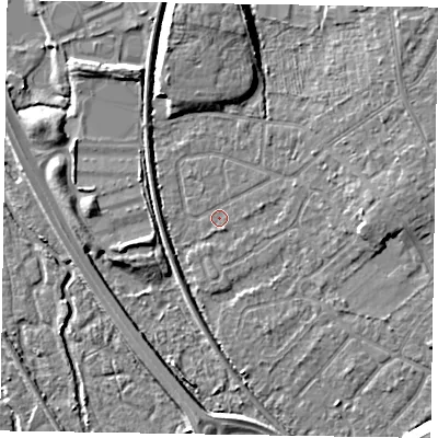 Shaded relief map of the ground around GU152TD, computed from Environment Agency LiDAR. The ground here sits at about 60 m above sea level and falls 11 m across the surrounding 800 m. Surface water reaching this point runs off ground lying to the east-north-east, 1.6 m higher.